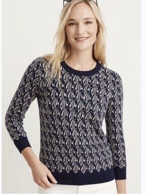 J.Crew Tippi Sweater 100% Merino Wool School of Fish Navy Off-White Medium
